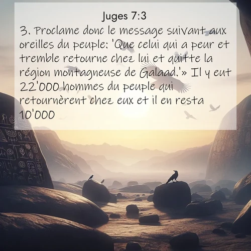 Segond21 Juges  ; image nature: image avec le verset biblique :Proclame donc le message suivant aux oreilles du peuple: &#039;Que celui qui a peur et tremble retourne chez lui et quitte la région montagneuse de Galaad.&#039;» Il y eut 22&#039;000 hommes du peuple qui retournèrent chez eux et il en resta 10&#039;000. ;  ; 7:3