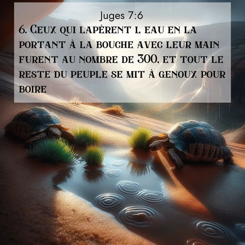 Segond21 Juges  ; image nature: image avec le verset biblique :Ceux qui lapèrent l&#039;eau en la portant à la bouche avec leur main furent au nombre de 300, et tout le reste du peuple se mit à genoux pour boire. ;  ; 7:6