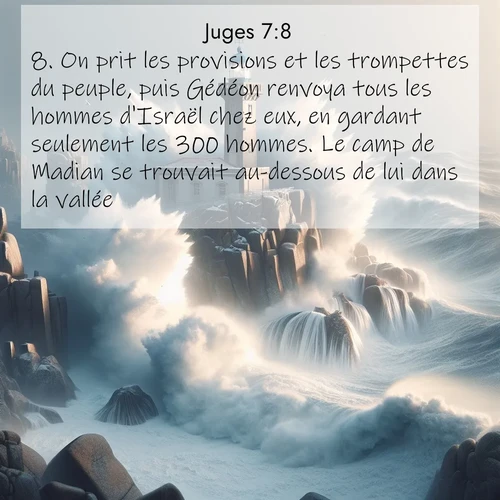 Segond21 Juges  ; image nature: image avec le verset biblique :On prit les provisions et les trompettes du peuple, puis Gédéon renvoya tous les hommes d&#039;Israël chez eux, en gardant seulement les 300 hommes. Le camp de Madian se trouvait au-dessous de lui dans la vallée. ;  ; 7:8