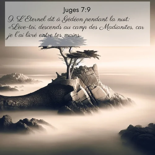 Segond21 Juges  ; image nature: image avec le verset biblique :L&#039;Eternel dit à Gédéon pendant la nuit: «Lève-toi, descends au camp des Madianites, car je l&#039;ai livré entre tes mains. ;  ; 7:9