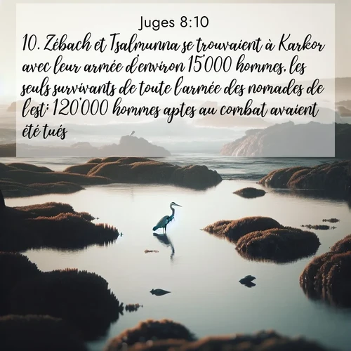 Segond21 Juges  ; image nature: image avec le verset biblique :Zébach et Tsalmunna se trouvaient à Karkor avec leur armée d&#039;environ 15&#039;000 hommes, les seuls survivants de toute l&#039;armée des nomades de l&#039;est; 120&#039;000 hommes aptes au combat avaient été tués. ;  ; 8:10