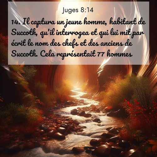 Segond21 Juges  ; image nature: image avec le verset biblique :Il captura un jeune homme, habitant de Succoth, qu&#039;il interrogea et qui lui mit par écrit le nom des chefs et des anciens de Succoth. Cela représentait 77 hommes. ;  ; 8:14