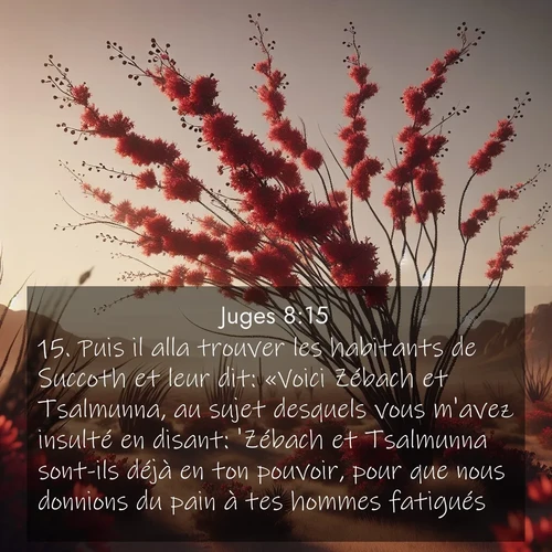 Segond21 Juges  ; image nature: image avec le verset biblique :Puis il alla trouver les habitants de Succoth et leur dit: «Voici Zébach et Tsalmunna, au sujet desquels vous m&#039;avez insulté en disant: &#039;Zébach et Tsalmunna sont-ils déjà en ton pouvoir, pour que nous donnions du pain à tes hommes fatigués?&#039;» ;  ; 8:15