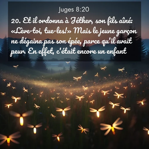 Segond21 Juges  ; image nature: image avec le verset biblique :Et il ordonna à Jéther, son fils aîné: «Lève-toi, tue-les!» Mais le jeune garçon ne dégaina pas son épée, parce qu&#039;il avait peur. En effet, c&#039;était encore un enfant. ;  ; 8:20