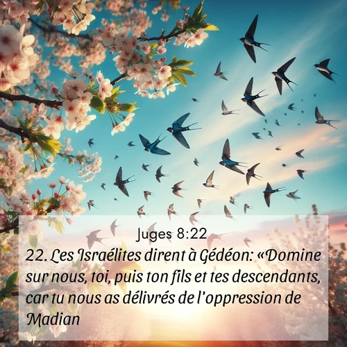 Segond21 Juges  ; image nature: image avec le verset biblique :Les Israélites dirent à Gédéon: «Domine sur nous, toi, puis ton fils et tes descendants, car tu nous as délivrés de l&#039;oppression de Madian.» ;  ; 8:22