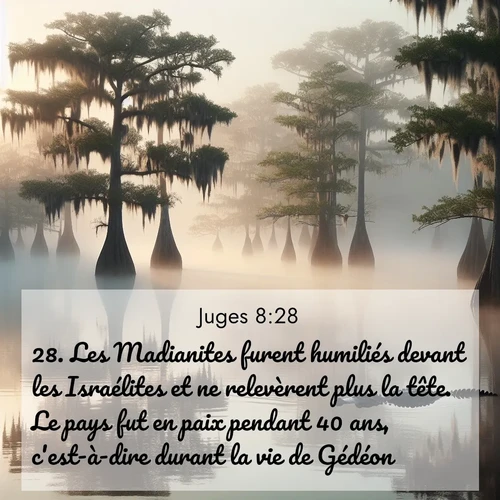 Segond21 Juges  ; image nature: image avec le verset biblique :Les Madianites furent humiliés devant les Israélites et ne relevèrent plus la tête. Le pays fut en paix pendant 40 ans, c&#039;est-à-dire durant la vie de Gédéon. ;  ; 8:28
