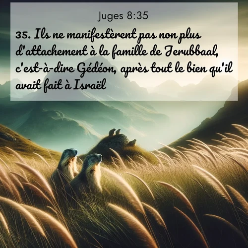 Segond21 Juges  ; image nature: image avec le verset biblique :Ils ne manifestèrent pas non plus d&#039;attachement à la famille de Jerubbaal, c&#039;est-à-dire Gédéon, après tout le bien qu&#039;il avait fait à Israël. ;  ; 8:35
