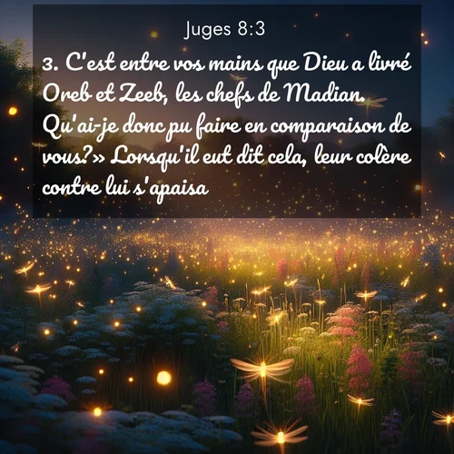 Segond21 Juges  ; image nature: image avec le verset biblique :C&#039;est entre vos mains que Dieu a livré Oreb et Zeeb, les chefs de Madian. Qu&#039;ai-je donc pu faire en comparaison de vous?» Lorsqu&#039;il eut dit cela, leur colère contre lui s&#039;apaisa. ;  ; 8:3