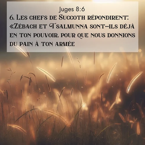 Segond21 Juges  ; image nature: image avec le verset biblique :Les chefs de Succoth répondirent: «Zébach et Tsalmunna sont-ils déjà en ton pouvoir, pour que nous donnions du pain à ton armée?» ;  ; 8:6