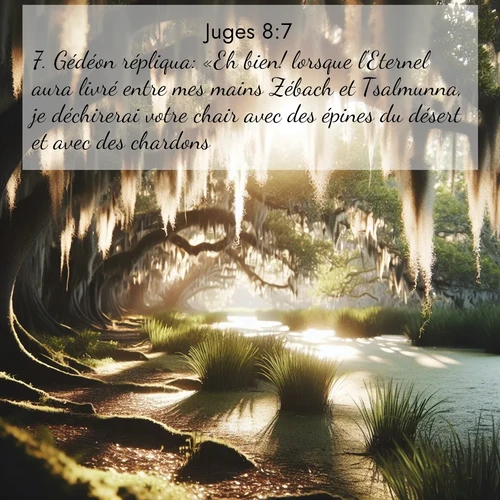 Segond21 Juges  ; image nature: image avec le verset biblique :Gédéon répliqua: «Eh bien! lorsque l&#039;Eternel aura livré entre mes mains Zébach et Tsalmunna, je déchirerai votre chair avec des épines du désert et avec des chardons.» ;  ; 8:7