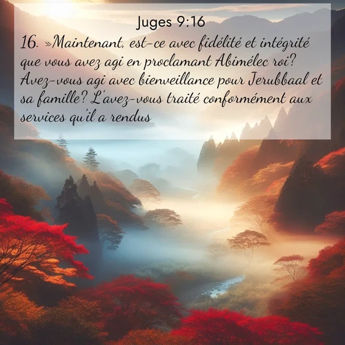 Segond21 Juges  ; image nature: image avec le verset biblique :»Maintenant, est-ce avec fidélité et intégrité que vous avez agi en proclamant Abimélec roi? Avez-vous agi avec bienveillance pour Jerubbaal et sa famille? L&#039;avez-vous traité conformément aux services qu&#039;il a rendus? ;  ; 9:16