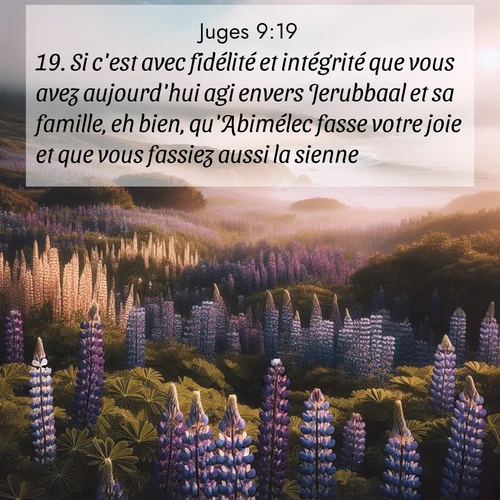 Segond21 Juges  ; image nature: image avec le verset biblique :Si c&#039;est avec fidélité et intégrité que vous avez aujourd&#039;hui agi envers Jerubbaal et sa famille, eh bien, qu&#039;Abimélec fasse votre joie et que vous fassiez aussi la sienne! ;  ; 9:19