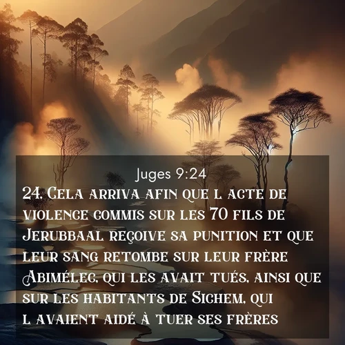 Segond21 Juges  ; image nature: image avec le verset biblique :Cela arriva afin que l&#039;acte de violence commis sur les 70 fils de Jerubbaal reçoive sa punition et que leur sang retombe sur leur frère Abimélec, qui les avait tués, ainsi que sur les habitants de Sichem, qui l&#039;avaient aidé à tuer ses frères. ;  ; 9:24