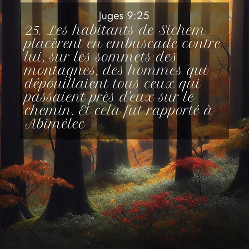 Segond21 Juges  ; image nature: image avec le verset biblique :Les habitants de Sichem placèrent en embuscade contre lui, sur les sommets des montagnes, des hommes qui dépouillaient tous ceux qui passaient près d&#039;eux sur le chemin. Et cela fut rapporté à Abimélec. ;  ; 9:25