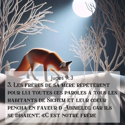 Segond21 Juges  ; image nature: image avec le verset biblique :Les frères de sa mère répétèrent pour lui toutes ces paroles à tous les habitants de Sichem et leur coeur pencha en faveur d&#039;Abimélec, car ils se disaient: «C&#039;est notre frère.» ;  ; 9:3