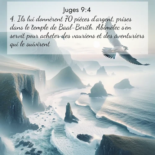 Segond21 Juges  ; image nature: image avec le verset biblique :Ils lui donnèrent 70 pièces d&#039;argent, prises dans le temple de Baal-Berith. Abimélec s&#039;en servit pour acheter des vauriens et des aventuriers qui le suivirent. ;  ; 9:4