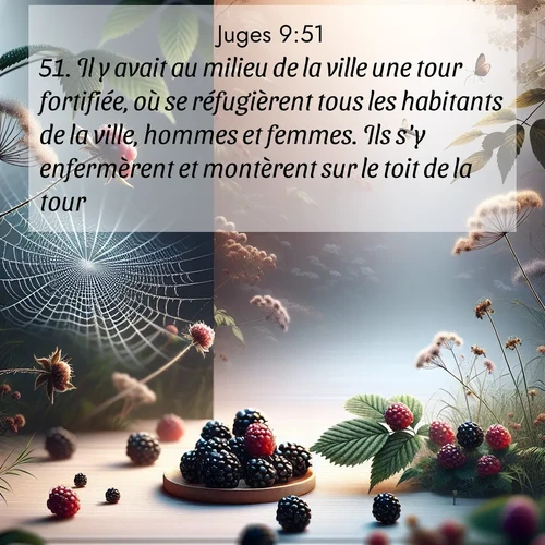Segond21 Juges  ; image nature: image avec le verset biblique :Il y avait au milieu de la ville une tour fortifiée, où se réfugièrent tous les habitants de la ville, hommes et femmes. Ils s&#039;y enfermèrent et montèrent sur le toit de la tour. ;  ; 9:51
