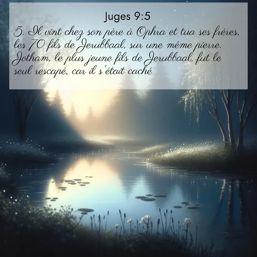 Segond21 Juges  ; image nature: image avec le verset biblique :Il vint chez son père à Ophra et tua ses frères, les 70 fils de Jerubbaal, sur une même pierre. Jotham, le plus jeune fils de Jerubbaal, fut le seul rescapé, car il s&#039;était caché. ;  ; 9:5