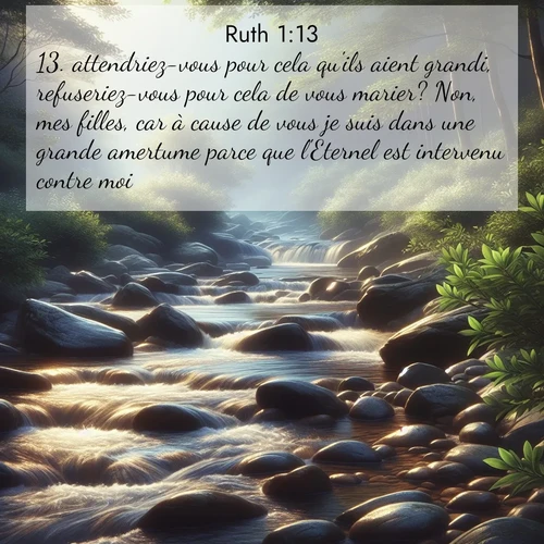 Segond21 Ruth  ; image nature: image avec le verset biblique :attendriez-vous pour cela qu&#039;ils aient grandi, refuseriez-vous pour cela de vous marier? Non, mes filles, car à cause de vous je suis dans une grande amertume parce que l&#039;Eternel est intervenu contre moi.» ;  ; 1:13