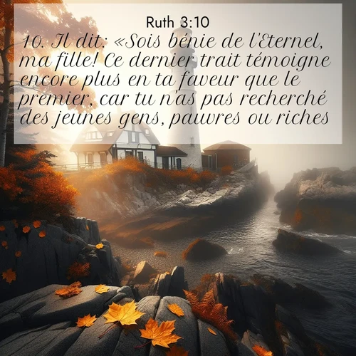 Segond21 Ruth  ; image nature: image avec le verset biblique :Il dit: «Sois bénie de l&#039;Eternel, ma fille! Ce dernier trait témoigne encore plus en ta faveur que le premier, car tu n&#039;as pas recherché des jeunes gens, pauvres ou riches. ;  ; 3:10