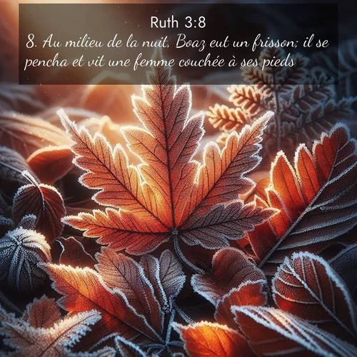 Segond21 Ruth  ; image nature: image avec le verset biblique :Au milieu de la nuit, Boaz eut un frisson; il se pencha et vit une femme couchée à ses pieds. ;  ; 3:8