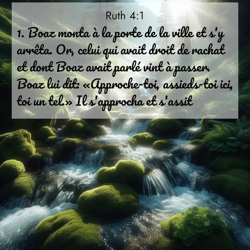 Segond21 Ruth  ; image nature: image avec le verset biblique :Boaz monta à la porte de la ville et s&#039;y arrêta. Or, celui qui avait droit de rachat et dont Boaz avait parlé vint à passer. Boaz lui dit: «Approche-toi, assieds-toi ici, toi un tel.» Il s&#039;approcha et s&#039;assit. ;  ; 4:1