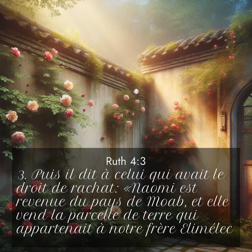 Segond21 Ruth  ; image nature: image avec le verset biblique :Puis il dit à celui qui avait le droit de rachat: «Naomi est revenue du pays de Moab, et elle vend la parcelle de terre qui appartenait à notre frère Elimélec. ;  ; 4:3