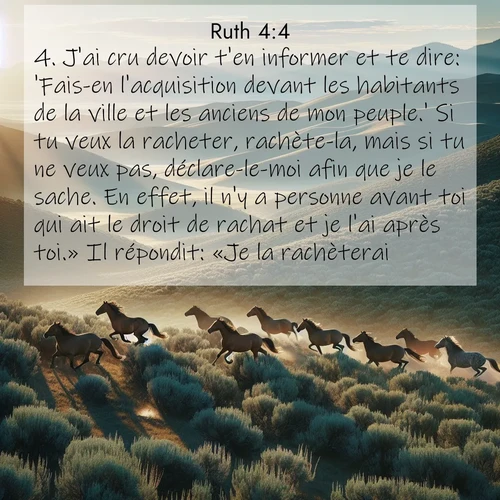 Segond21 Ruth  ; image nature: image avec le verset biblique :J&#039;ai cru devoir t&#039;en informer et te dire: &#039;Fais-en l&#039;acquisition devant les habitants de la ville et les anciens de mon peuple.&#039; Si tu veux la racheter, rachète-la, mais si tu ne veux pas, déclare-le-moi afin que je le sache. En effet, il n&#039;y a personne avant toi qui ait le droit de rachat et je l&#039;ai après toi.» Il répondit: «Je la rachèterai.» ;  ; 4:4
