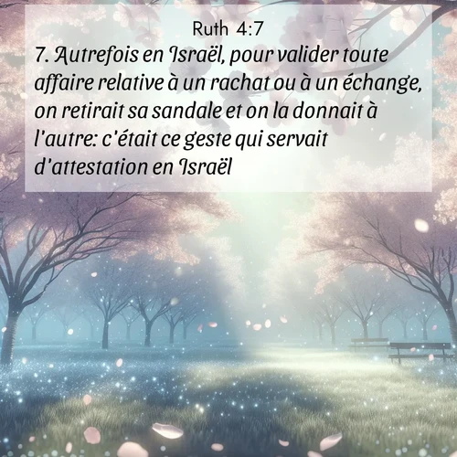 Segond21 Ruth  ; image nature: image avec le verset biblique :Autrefois en Israël, pour valider toute affaire relative à un rachat ou à un échange, on retirait sa sandale et on la donnait à l&#039;autre: c&#039;était ce geste qui servait d&#039;attestation en Israël. ;  ; 4:7