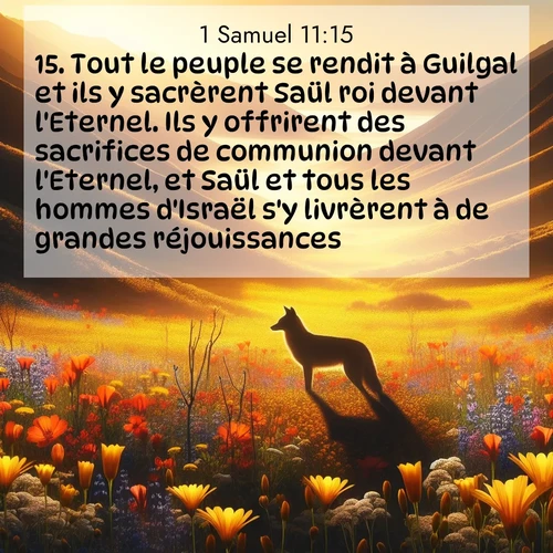 Segond21 1 Samuel  ; image nature: image avec le verset biblique :Tout le peuple se rendit à Guilgal et ils y sacrèrent Saül roi devant l&#039;Eternel. Ils y offrirent des sacrifices de communion devant l&#039;Eternel, et Saül et tous les hommes d&#039;Israël s&#039;y livrèrent à de grandes réjouissances. ;  ; 11:15
