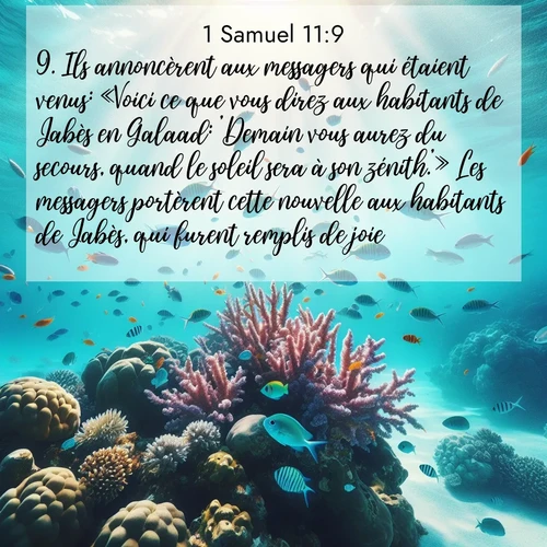 Segond21 1 Samuel  ; image nature: image avec le verset biblique :Ils annoncèrent aux messagers qui étaient venus: «Voici ce que vous direz aux habitants de Jabès en Galaad: &#039;Demain vous aurez du secours, quand le soleil sera à son zénith.&#039;» Les messagers portèrent cette nouvelle aux habitants de Jabès, qui furent remplis de joie. ;  ; 11:9