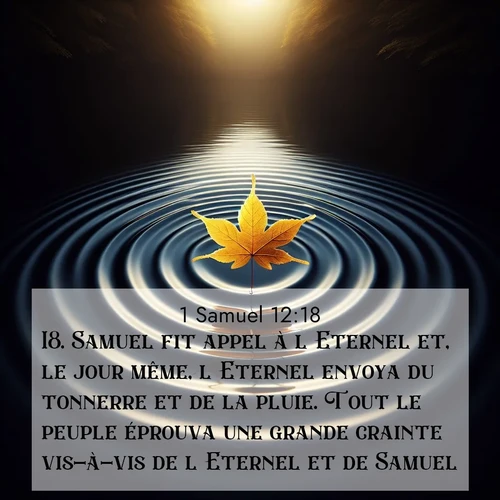 Segond21 1 Samuel  ; image nature: image avec le verset biblique :Samuel fit appel à l&#039;Eternel et, le jour même, l&#039;Eternel envoya du tonnerre et de la pluie. Tout le peuple éprouva une grande crainte vis-à-vis de l&#039;Eternel et de Samuel, ;  ; 12:18
