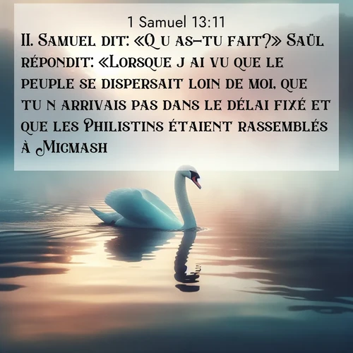 Segond21 1 Samuel  ; image nature: image avec le verset biblique :Samuel dit: «Qu&#039;as-tu fait?» Saül répondit: «Lorsque j&#039;ai vu que le peuple se dispersait loin de moi, que tu n&#039;arrivais pas dans le délai fixé et que les Philistins étaient rassemblés à Micmash, ;  ; 13:11