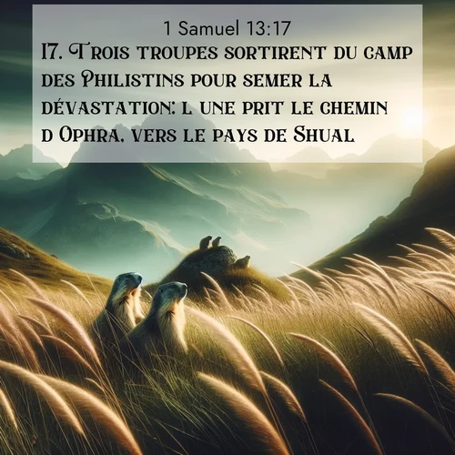 Segond21 1 Samuel  ; image nature: image avec le verset biblique :Trois troupes sortirent du camp des Philistins pour semer la dévastation: l&#039;une prit le chemin d&#039;Ophra, vers le pays de Shual, ;  ; 13:17