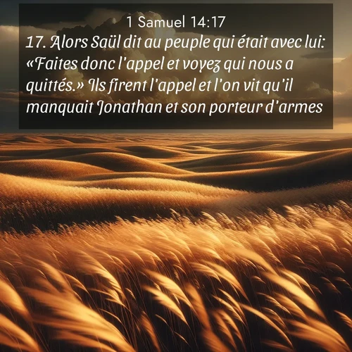 Segond21 1 Samuel  ; image nature: image avec le verset biblique :Alors Saül dit au peuple qui était avec lui: «Faites donc l&#039;appel et voyez qui nous a quittés.» Ils firent l&#039;appel et l&#039;on vit qu&#039;il manquait Jonathan et son porteur d&#039;armes. ;  ; 14:17