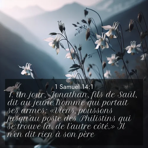 Segond21 1 Samuel  ; image nature: image avec le verset biblique :Un jour, Jonathan, fils de Saül, dit au jeune homme qui portait ses armes: «Viens, poussons jusqu&#039;au poste des Philistins qui se trouve là, de l&#039;autre côté.» Il n&#039;en dit rien à son père. ;  ; 14:1