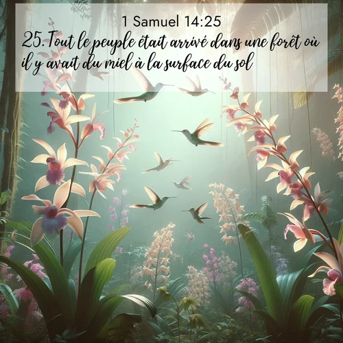 Segond21 1 Samuel  ; image nature: image avec le verset biblique :Tout le peuple était arrivé dans une forêt où il y avait du miel à la surface du sol. ;  ; 14:25