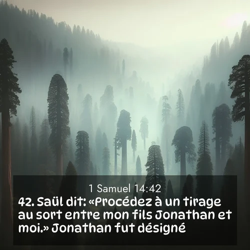 Segond21 1 Samuel  ; image nature: image avec le verset biblique :Saül dit: «Procédez à un tirage au sort entre mon fils Jonathan et moi.» Jonathan fut désigné. ;  ; 14:42