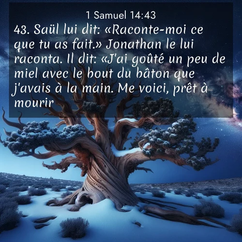 Segond21 1 Samuel  ; image nature: image avec le verset biblique :Saül lui dit: «Raconte-moi ce que tu as fait.» Jonathan le lui raconta. Il dit: «J&#039;ai goûté un peu de miel avec le bout du bâton que j&#039;avais à la main. Me voici, prêt à mourir.» ;  ; 14:43