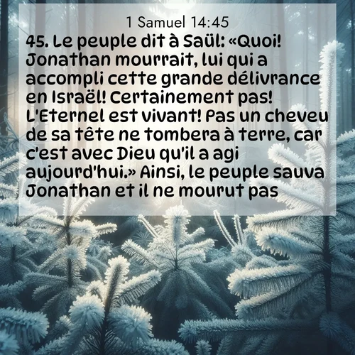 Segond21 1 Samuel  ; image nature: image avec le verset biblique :Le peuple dit à Saül: «Quoi! Jonathan mourrait, lui qui a accompli cette grande délivrance en Israël! Certainement pas! L&#039;Eternel est vivant! Pas un cheveu de sa tête ne tombera à terre, car c&#039;est avec Dieu qu&#039;il a agi aujourd&#039;hui.» Ainsi, le peuple sauva Jonathan et il ne mourut pas. ;  ; 14:45