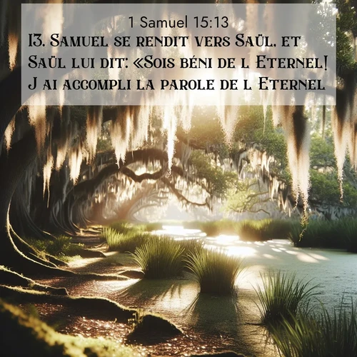 Segond21 1 Samuel  ; image nature: image avec le verset biblique :Samuel se rendit vers Saül, et Saül lui dit: «Sois béni de l&#039;Eternel! J&#039;ai accompli la parole de l&#039;Eternel.» ;  ; 15:13