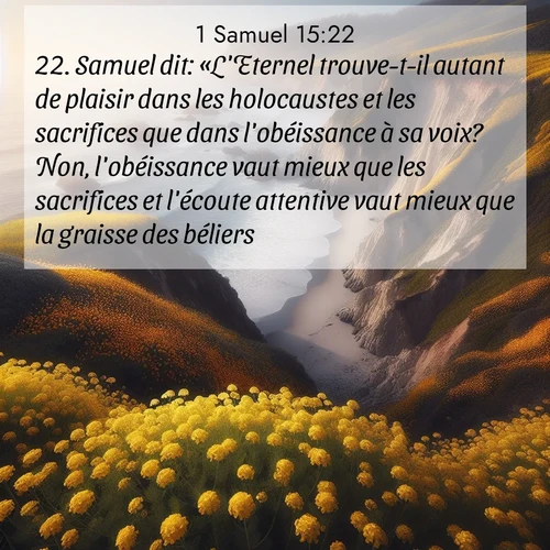 Segond21 1 Samuel  ; image nature: image avec le verset biblique :Samuel dit: «L&#039;Eternel trouve-t-il autant de plaisir dans les holocaustes et les sacrifices que dans l&#039;obéissance à sa voix? Non, l&#039;obéissance vaut mieux que les sacrifices et l&#039;écoute attentive vaut mieux que la graisse des béliers. ;  ; 15:22
