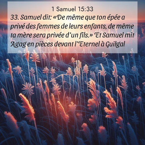 Segond21 1 Samuel  ; image nature: image avec le verset biblique :Samuel dit: «De même que ton épée a privé des femmes de leurs enfants, de même ta mère sera privée d&#039;un fils.» Et Samuel mit Agag en pièces devant l&#039;Eternel à Guilgal. ;  ; 15:33
