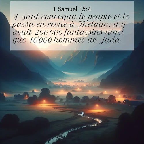 Segond21 1 Samuel  ; image nature: image avec le verset biblique :Saül convoqua le peuple et le passa en revue à Thelaïm: il y avait 200&#039;000 fantassins ainsi que 10&#039;000 hommes de Juda. ;  ; 15:4