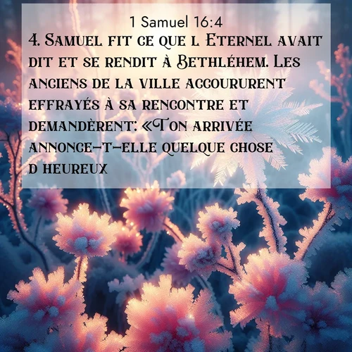Segond21 1 Samuel  ; image nature: image avec le verset biblique :Samuel fit ce que l&#039;Eternel avait dit et se rendit à Bethléhem. Les anciens de la ville accoururent effrayés à sa rencontre et demandèrent: «Ton arrivée annonce-t-elle quelque chose d&#039;heureux?» ;  ; 16:4