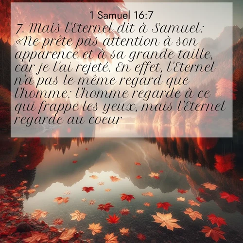Segond21 1 Samuel  ; image nature: image avec le verset biblique :Mais l&#039;Eternel dit à Samuel: «Ne prête pas attention à son apparence et à sa grande taille, car je l&#039;ai rejeté. En effet, l&#039;Eternel n&#039;a pas le même regard que l&#039;homme: l&#039;homme regarde à ce qui frappe les yeux, mais l&#039;Eternel regarde au coeur.» ;  ; 16:7