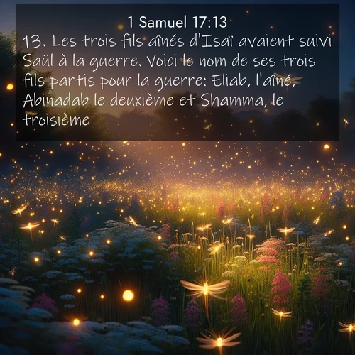 Segond21 1 Samuel  ; image nature: image avec le verset biblique :Les trois fils aînés d&#039;Isaï avaient suivi Saül à la guerre. Voici le nom de ses trois fils partis pour la guerre: Eliab, l&#039;aîné, Abinadab le deuxième et Shamma, le troisième. ;  ; 17:13