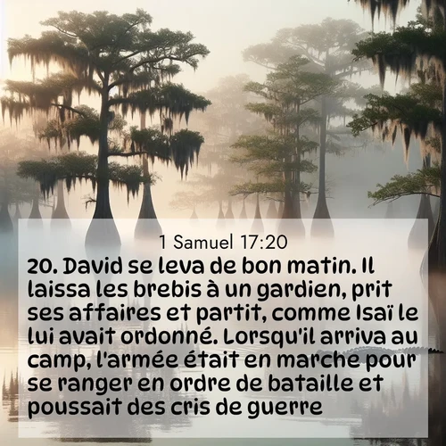 Segond21 1 Samuel  ; image nature: image avec le verset biblique :David se leva de bon matin. Il laissa les brebis à un gardien, prit ses affaires et partit, comme Isaï le lui avait ordonné. Lorsqu&#039;il arriva au camp, l&#039;armée était en marche pour se ranger en ordre de bataille et poussait des cris de guerre. ;  ; 17:20