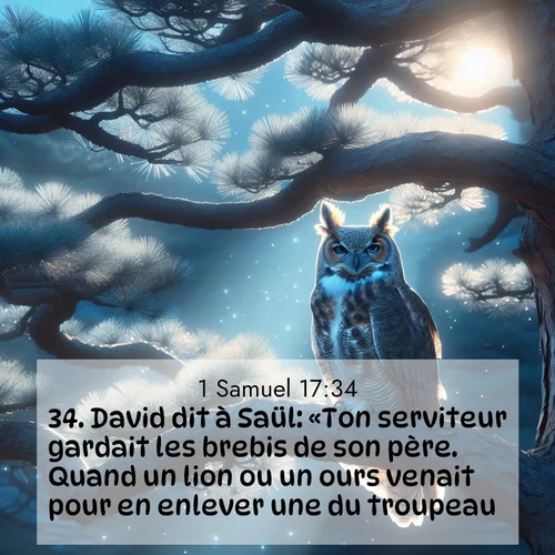Segond21 1 Samuel  ; image nature: image avec le verset biblique :David dit à Saül: «Ton serviteur gardait les brebis de son père. Quand un lion ou un ours venait pour en enlever une du troupeau, ;  ; 17:34