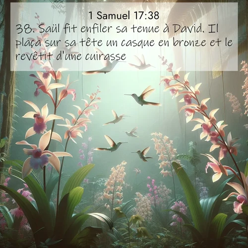 Segond21 1 Samuel  ; image nature: image avec le verset biblique :Saül fit enfiler sa tenue à David. Il plaça sur sa tête un casque en bronze et le revêtit d&#039;une cuirasse. ;  ; 17:38